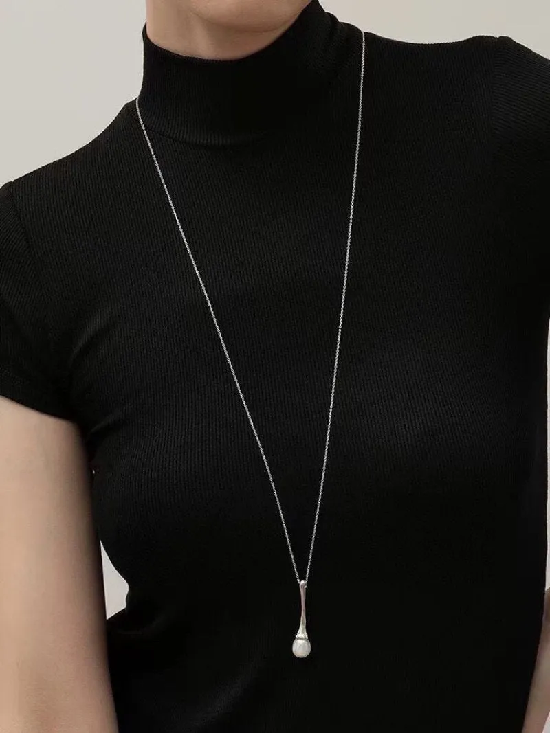 Long Minimalist Teardrop Pearl Pendant Necklace