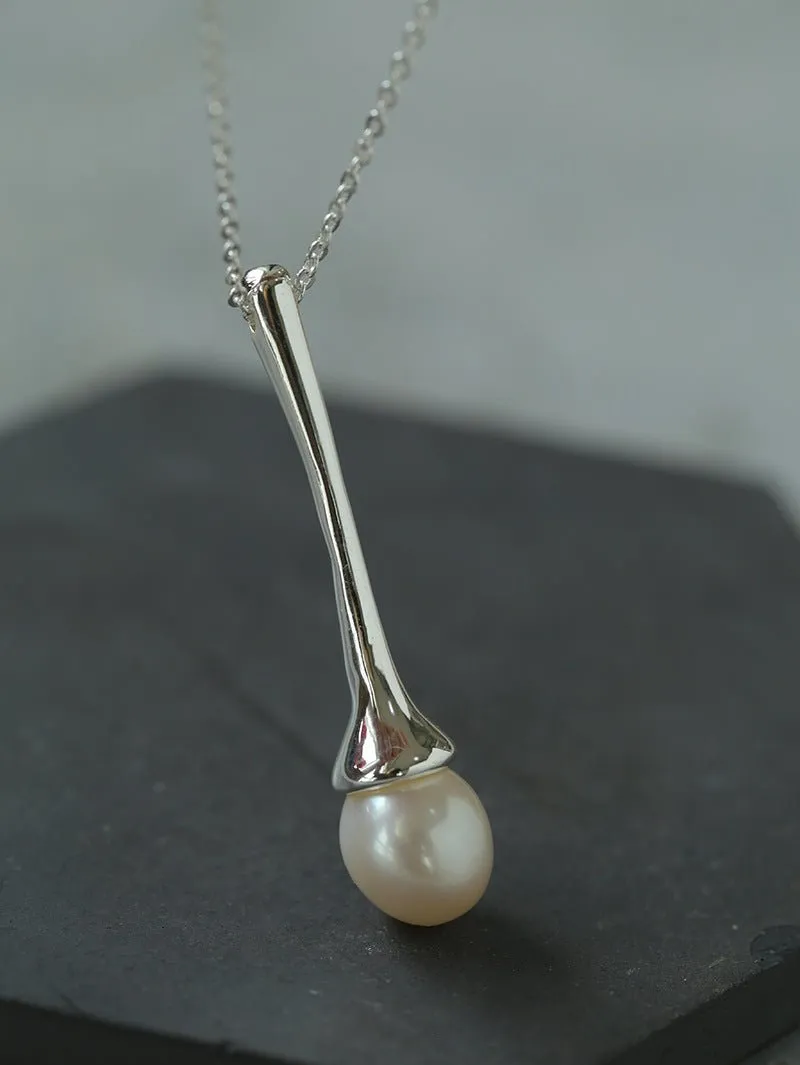 Long Minimalist Teardrop Pearl Pendant Necklace