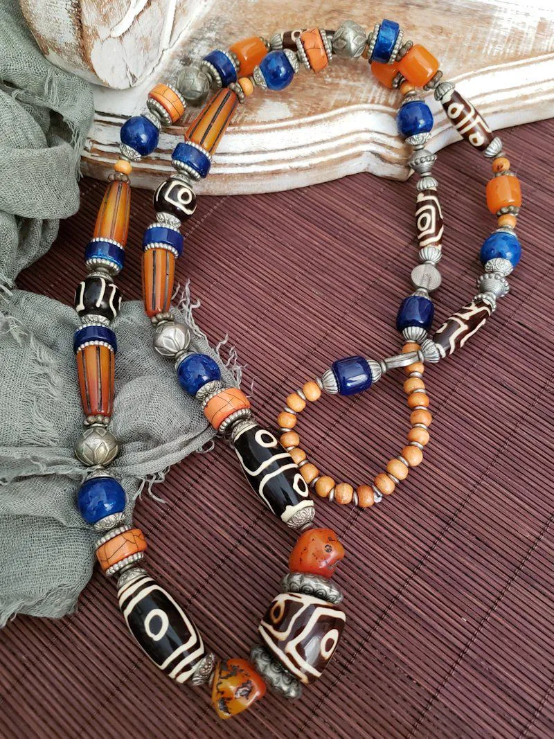 Long Tribal Style Necklace - Blue Orange