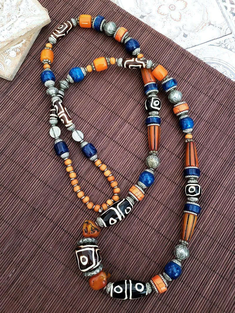 Long Tribal Style Necklace - Blue Orange