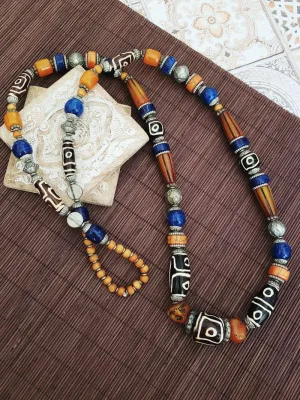 Long Tribal Style Necklace - Blue Orange