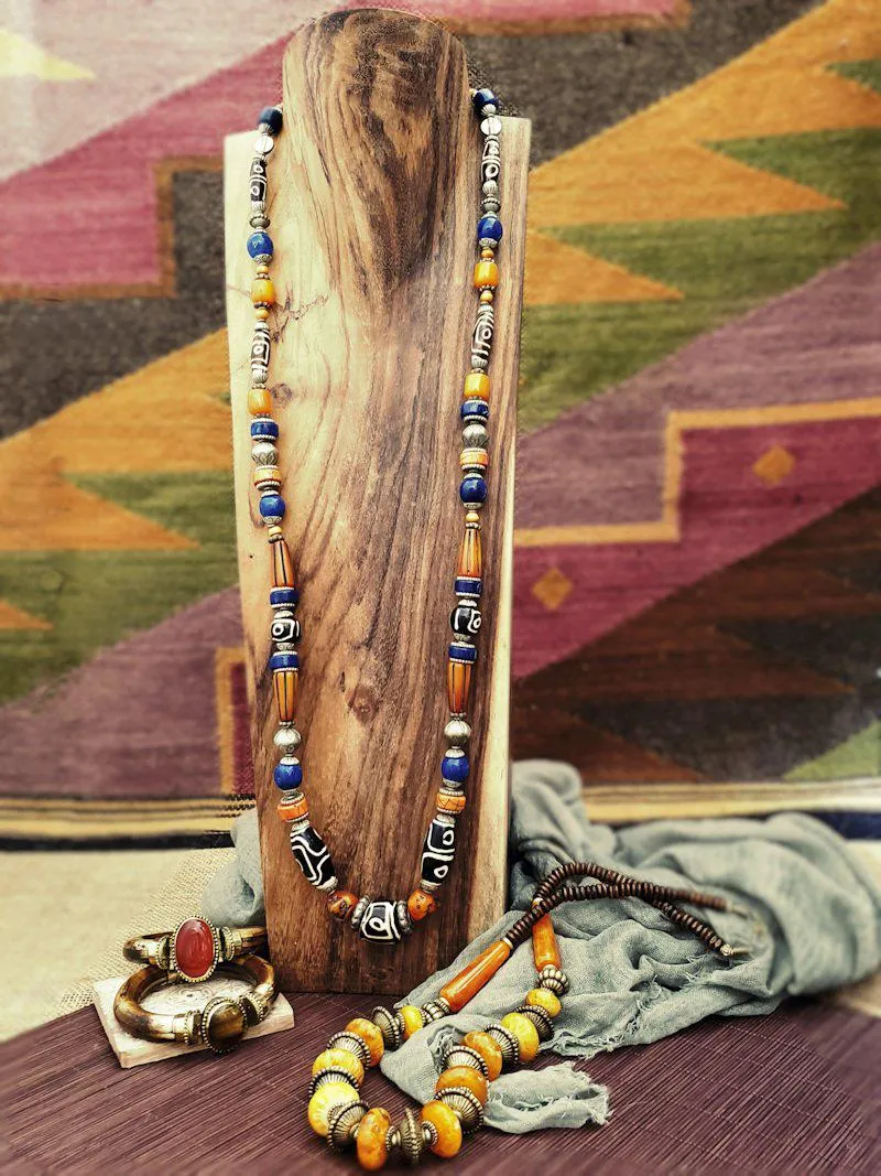 Long Tribal Style Necklace - Blue Orange