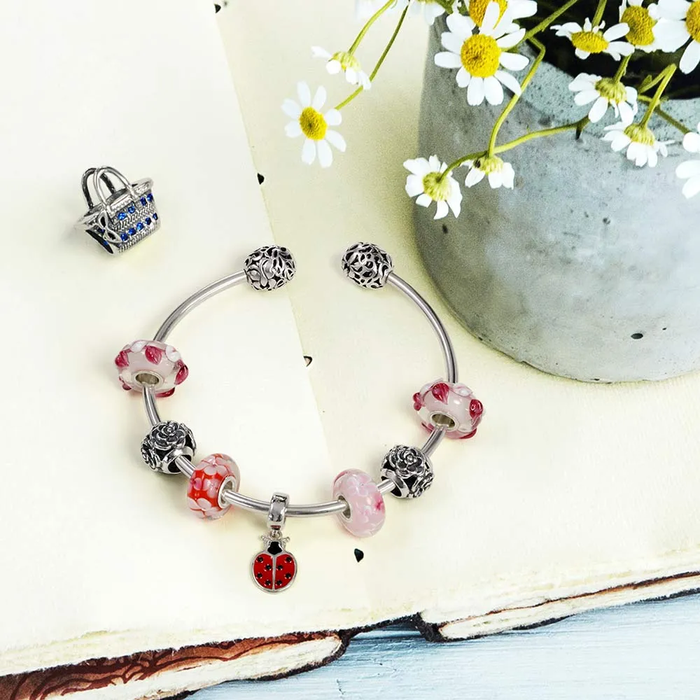 Love Message Filigree Bangle Bracelet with Screw Clasp for European Beads, Silver