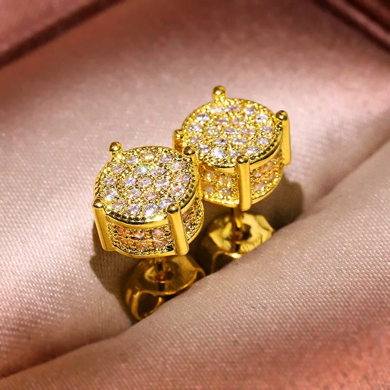 Luxury Full Crystal Round Earrings White Gold Yellow Gold Color White Zircon Stone Wedding Stud Earrings