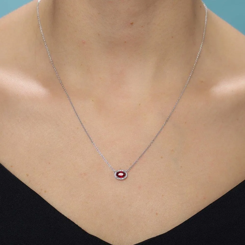 Oval Red Ruby With Diamond Halo Necklace (0.59 ct.) in 18K Gold