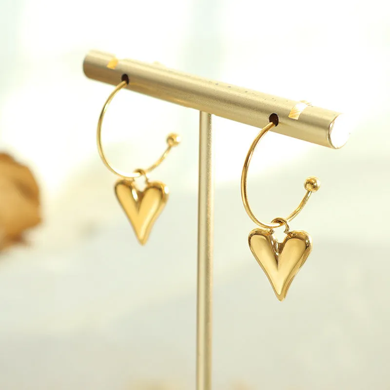 Peach Heart Pendant Earrings - Elegant Gold-Plated Titanium Ear Jewelry