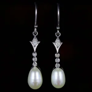 Pearl Diamond Long Earrings 9Ct White Gold