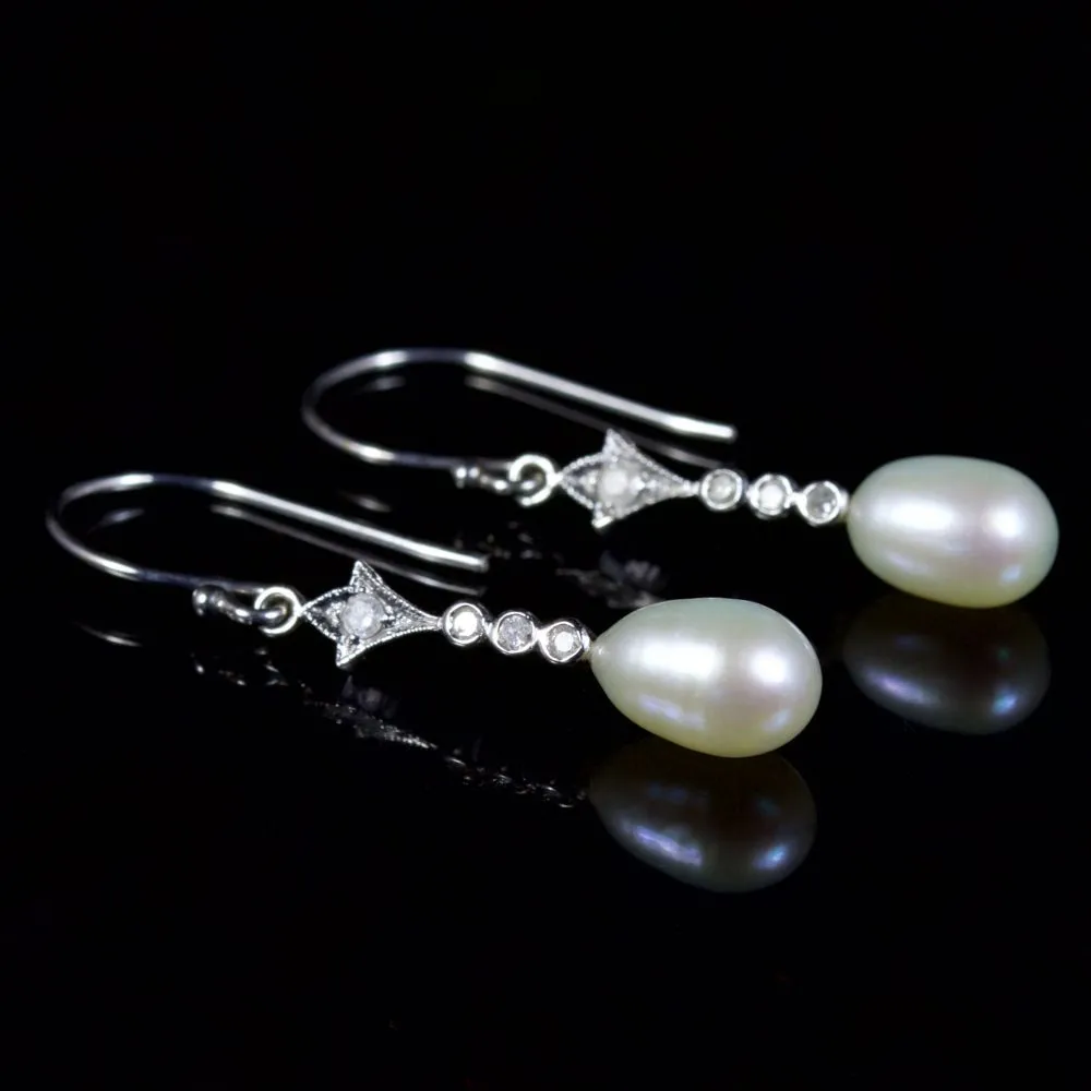 Pearl Diamond Long Earrings 9Ct White Gold