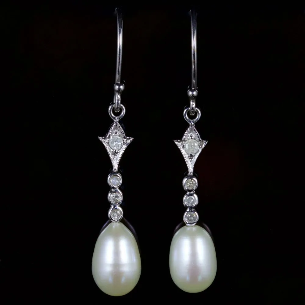 Pearl Diamond Long Earrings 9Ct White Gold