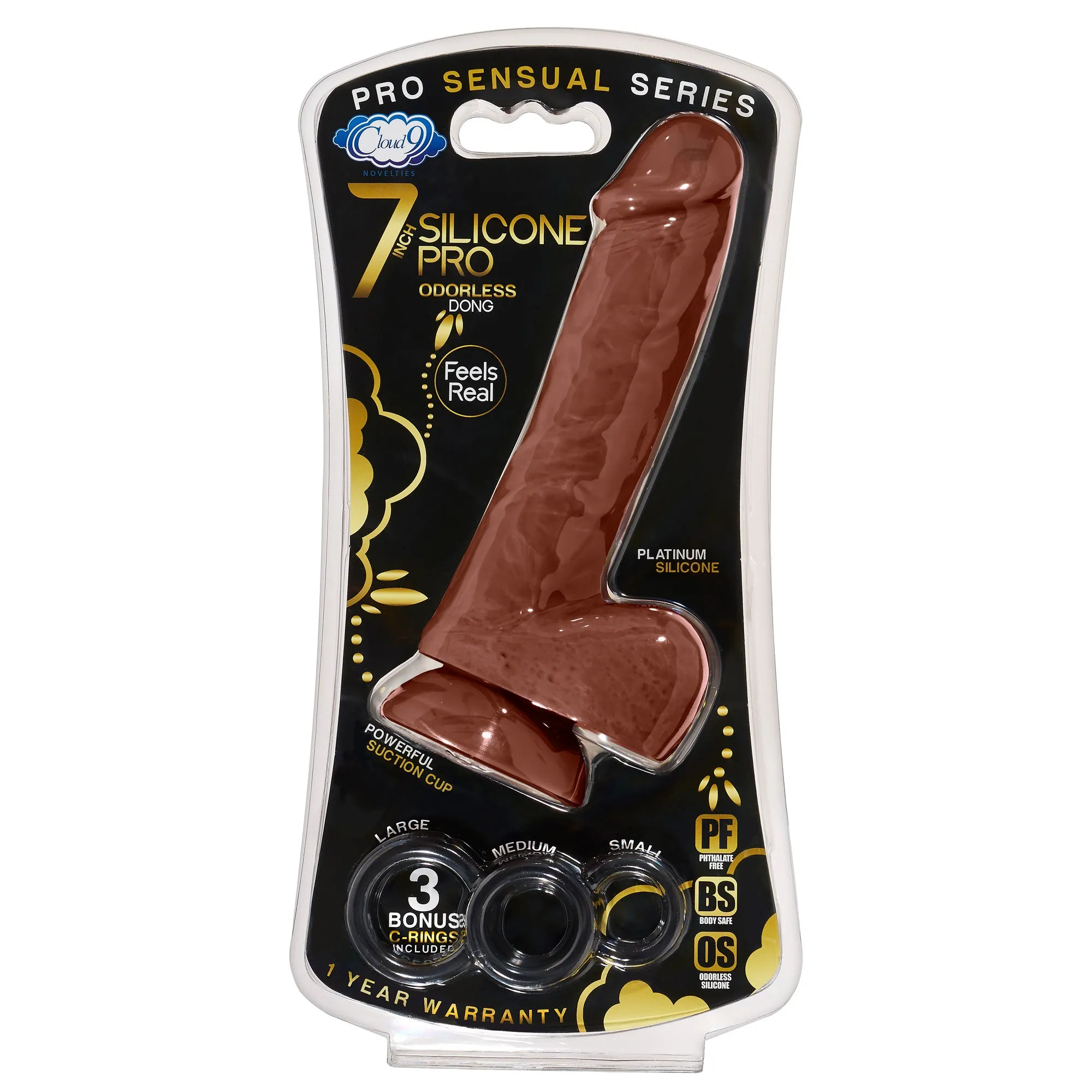 Pro Sensual Premium Silicone Dong With 3 C Rings Brown 7 "