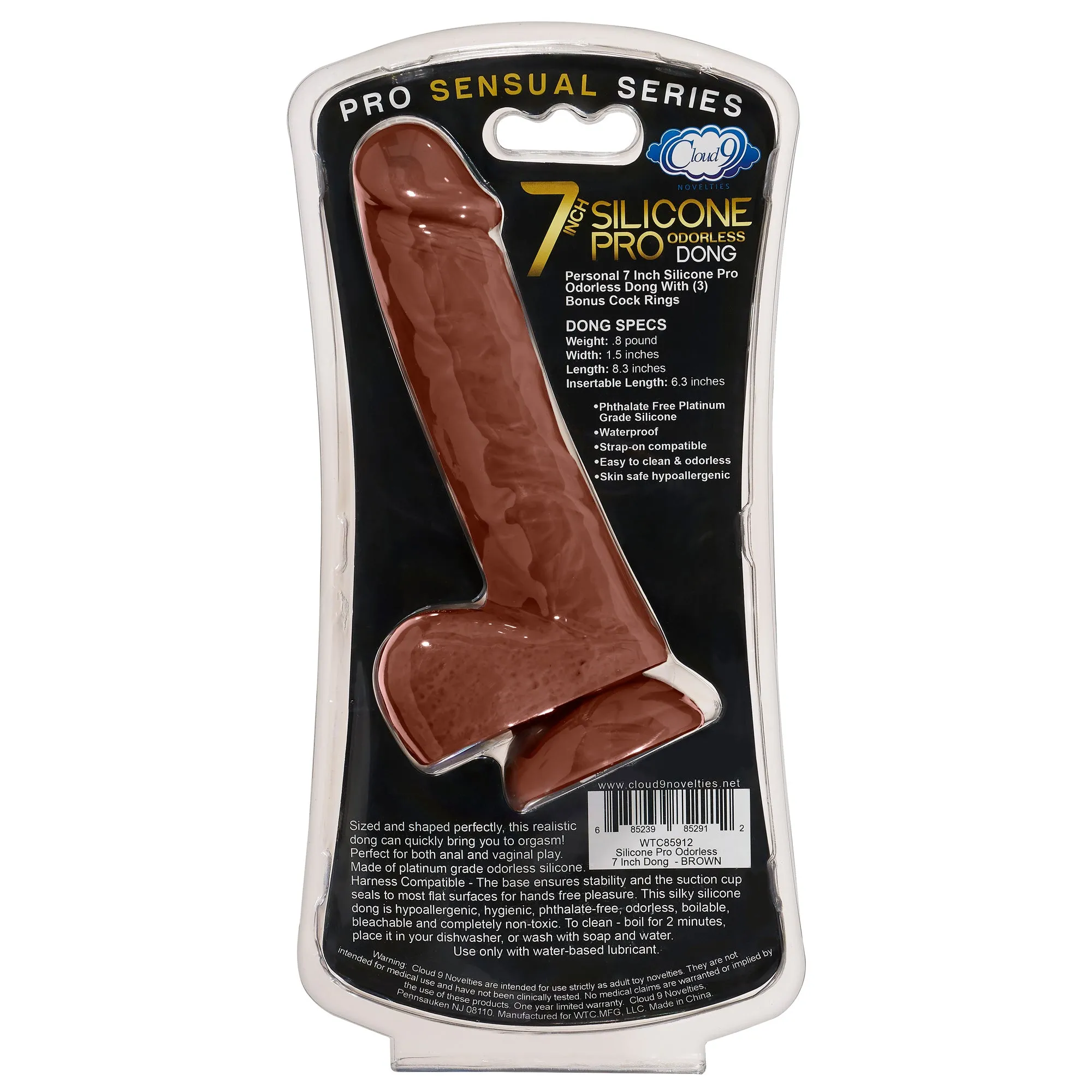 Pro Sensual Premium Silicone Dong With 3 C Rings Brown 7 "