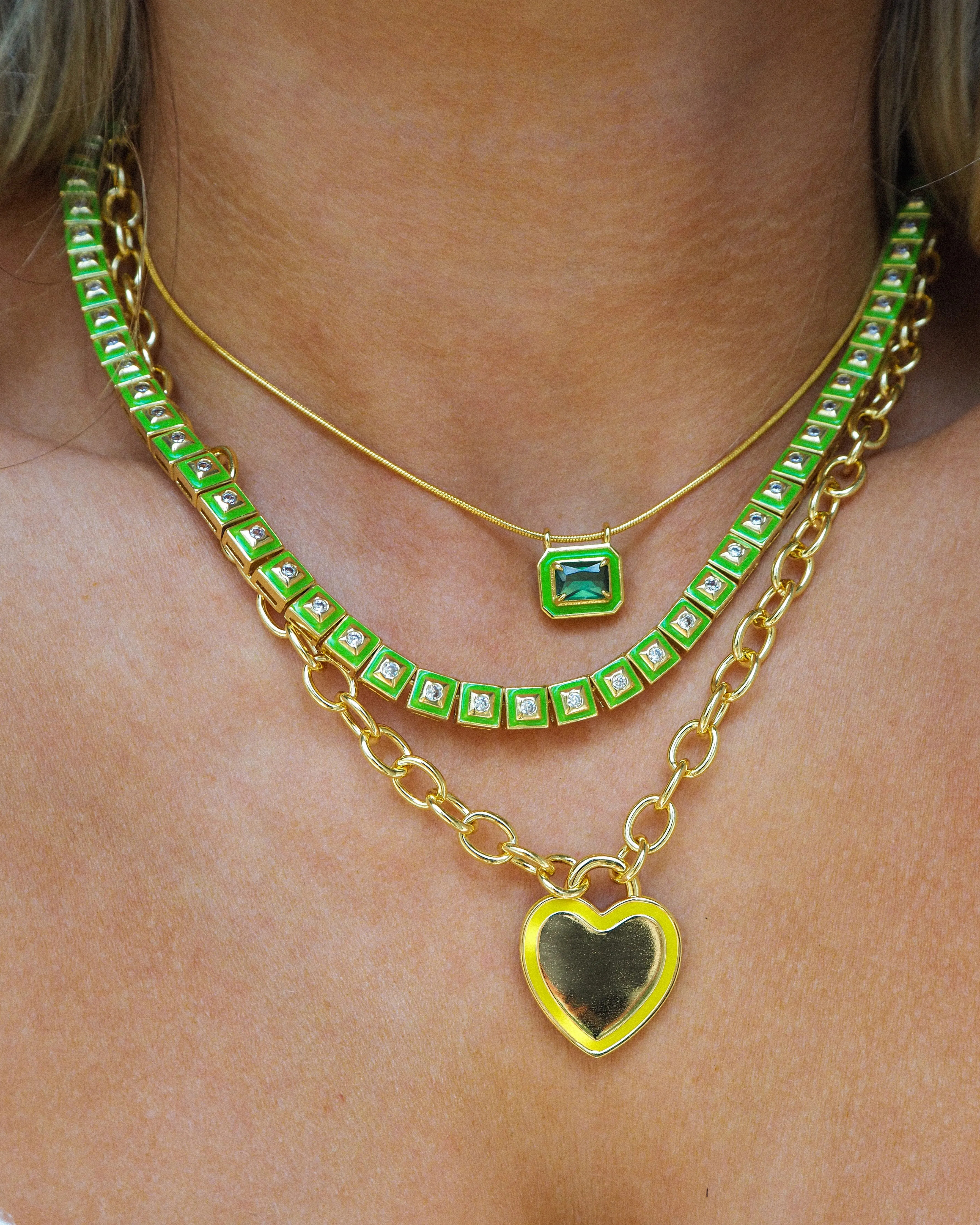 Pyramid Stud Tennis Necklace- Bright Green- Gold