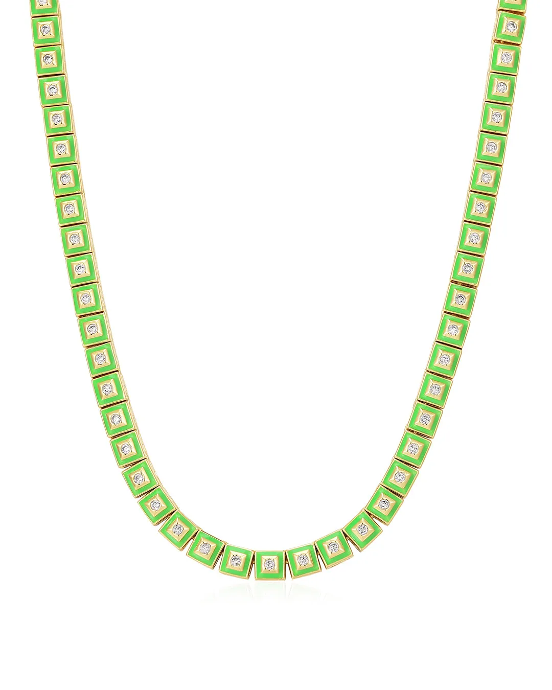 Pyramid Stud Tennis Necklace- Bright Green- Gold