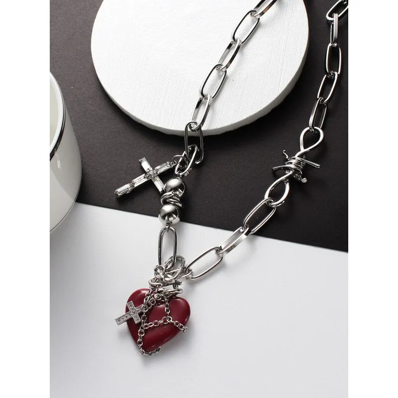 Red Heart Cross Necklace