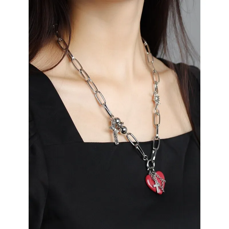 Red Heart Cross Necklace