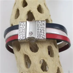 Red White & Blue Leather Cuff Bracelet with Silver Clasp