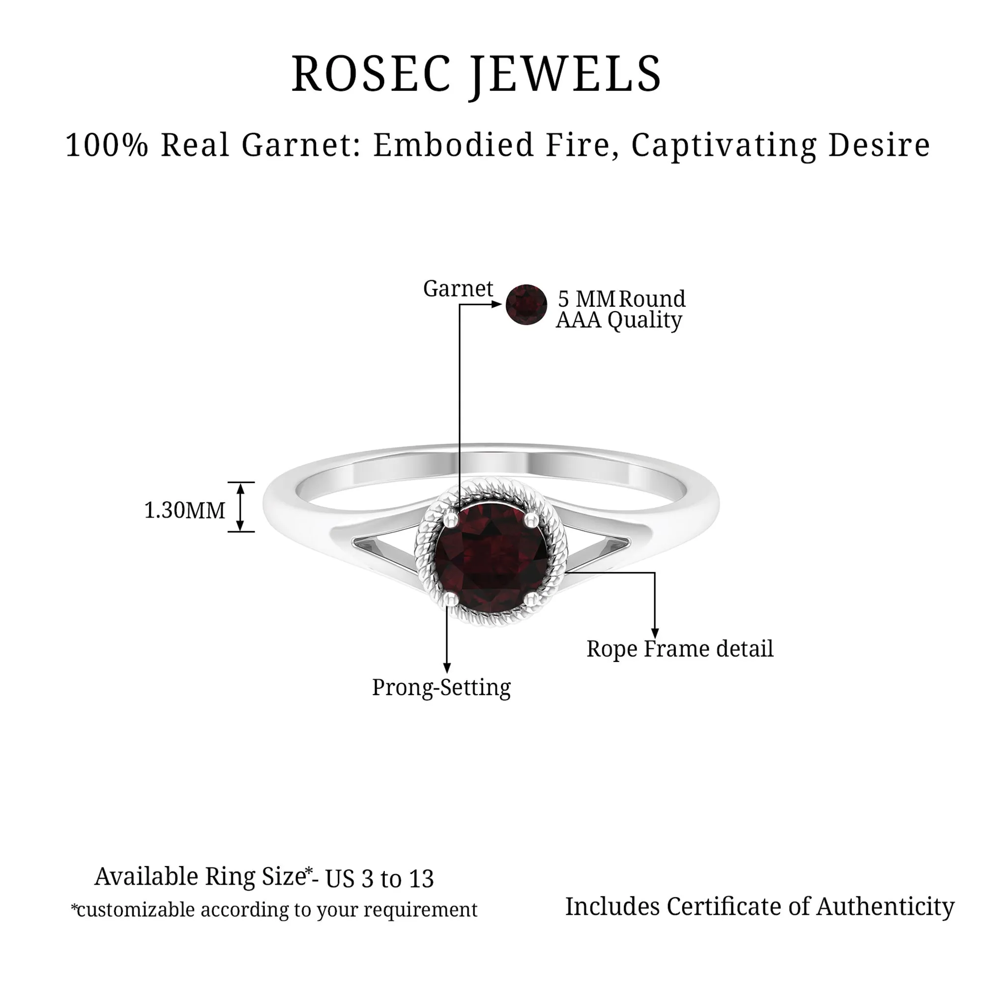 Split Shank Garnet Solitaire Ring with Rope Frame