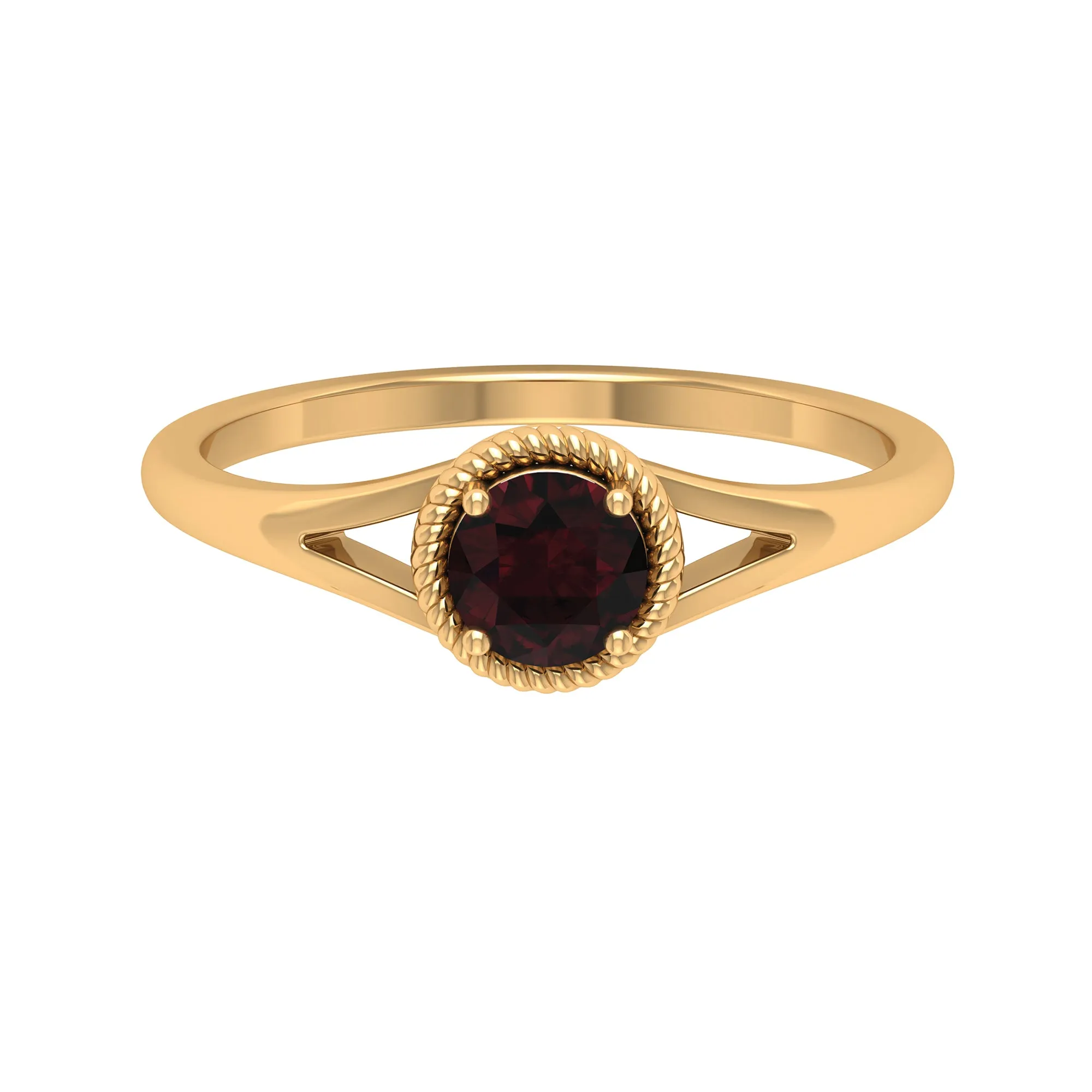 Split Shank Garnet Solitaire Ring with Rope Frame