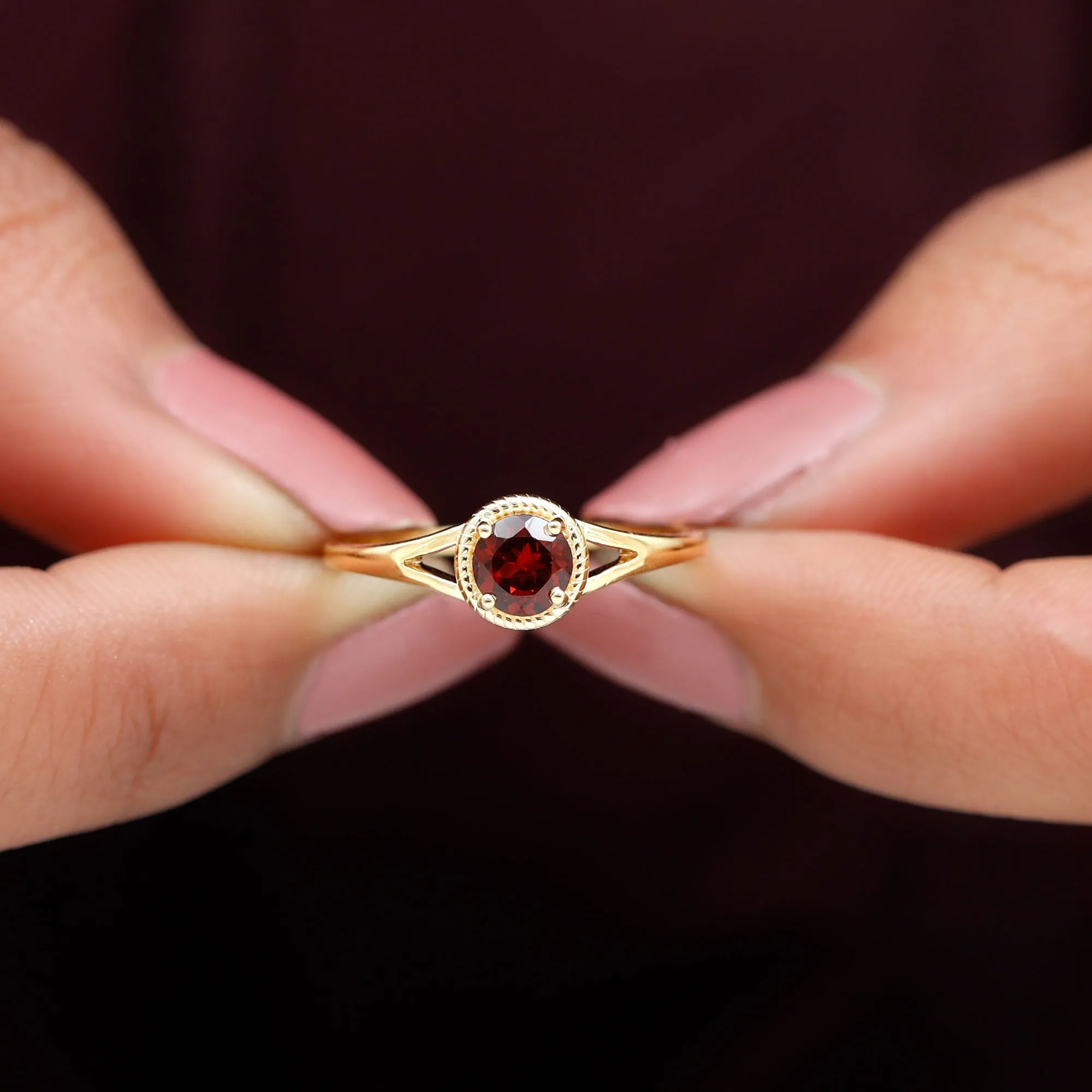 Split Shank Garnet Solitaire Ring with Rope Frame