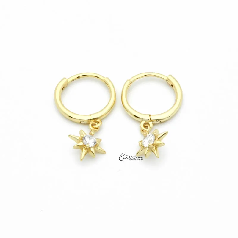 Sterling Silver Huggie Hoop Earrings with Dangle Star - Gold