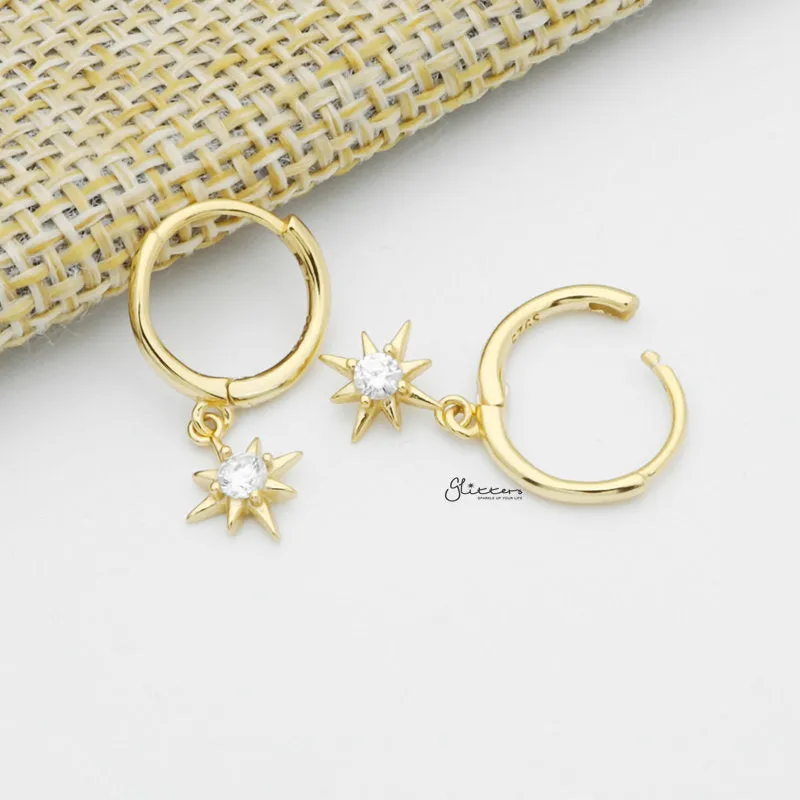 Sterling Silver Huggie Hoop Earrings with Dangle Star - Gold