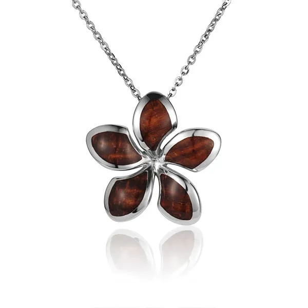 Sterling Silver Koa Wood Stylish Plumeria Flower Pendant 18" Necklace