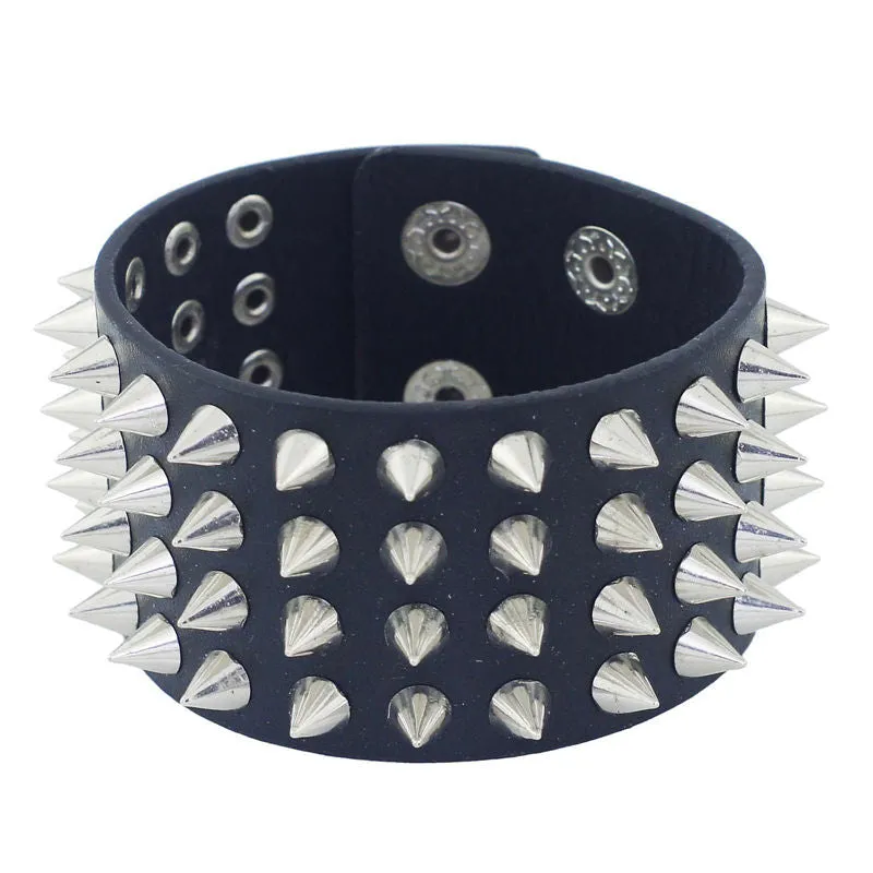 Unique Four Row Cuspidal Spikes Rivet Stud Wide Cuff Leather Punk Gothic Rock Unisex Bangle Bracelet men jewelry