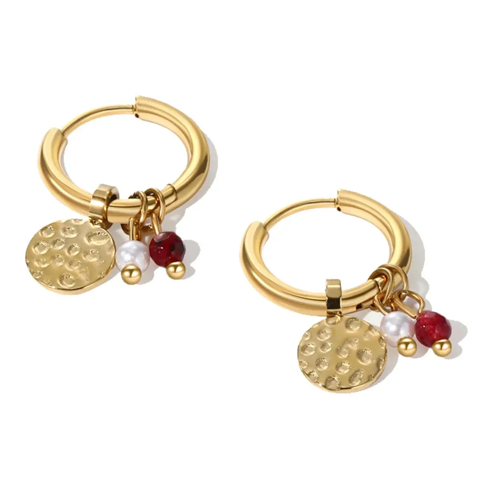 VAIGE Trendy 18K Gold Plated Stainless Steel Hoop Earrings with Natural Pink Stone Charms - Waterproof Fashion Jewelry