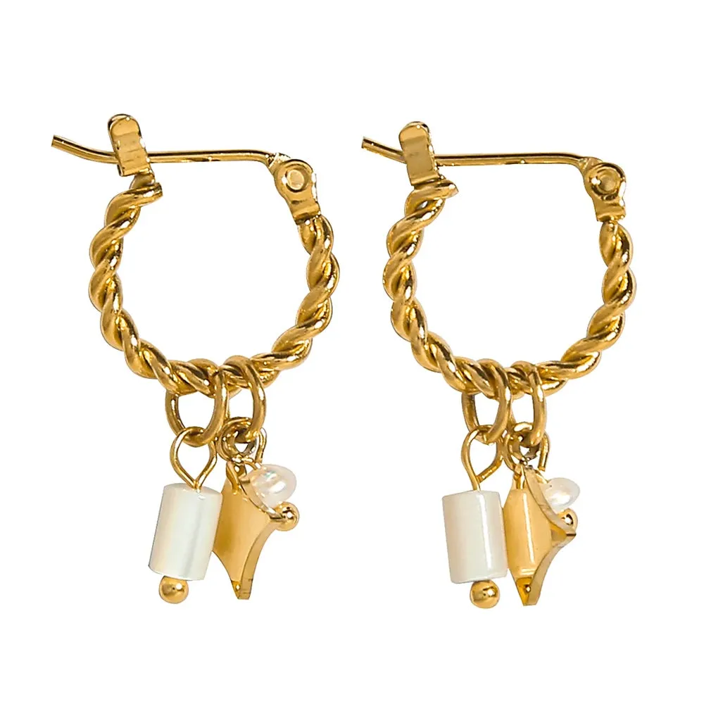 VAIGE Trendy 18K Gold Plated Stainless Steel Hoop Earrings with Natural Pink Stone Charms - Waterproof Fashion Jewelry