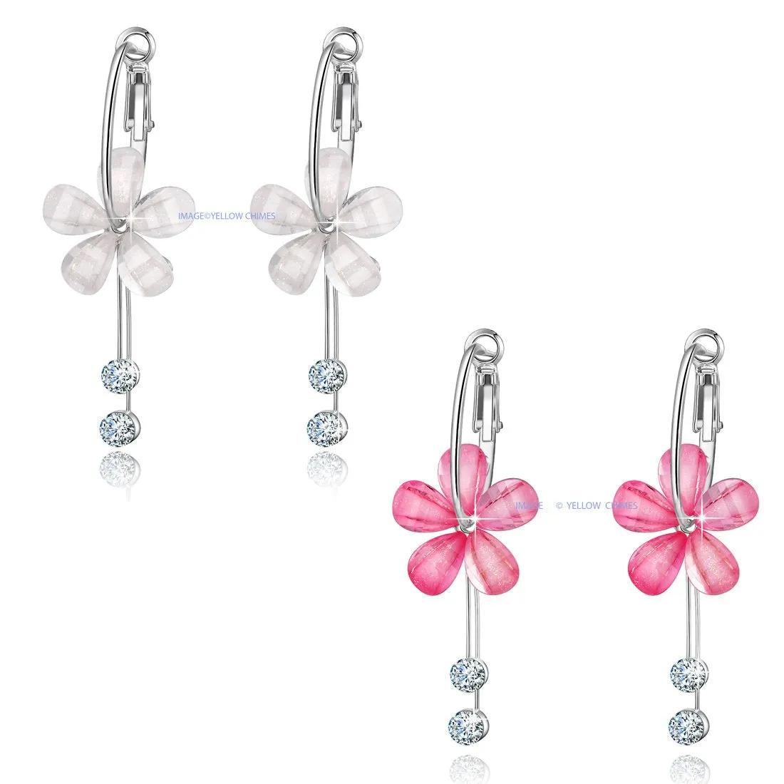 Yellow Chimes Moxie Collection Designer Flower Style Combo of 2 Pairs Floral Hoop Earrings for Women & Girls (Pink and White)